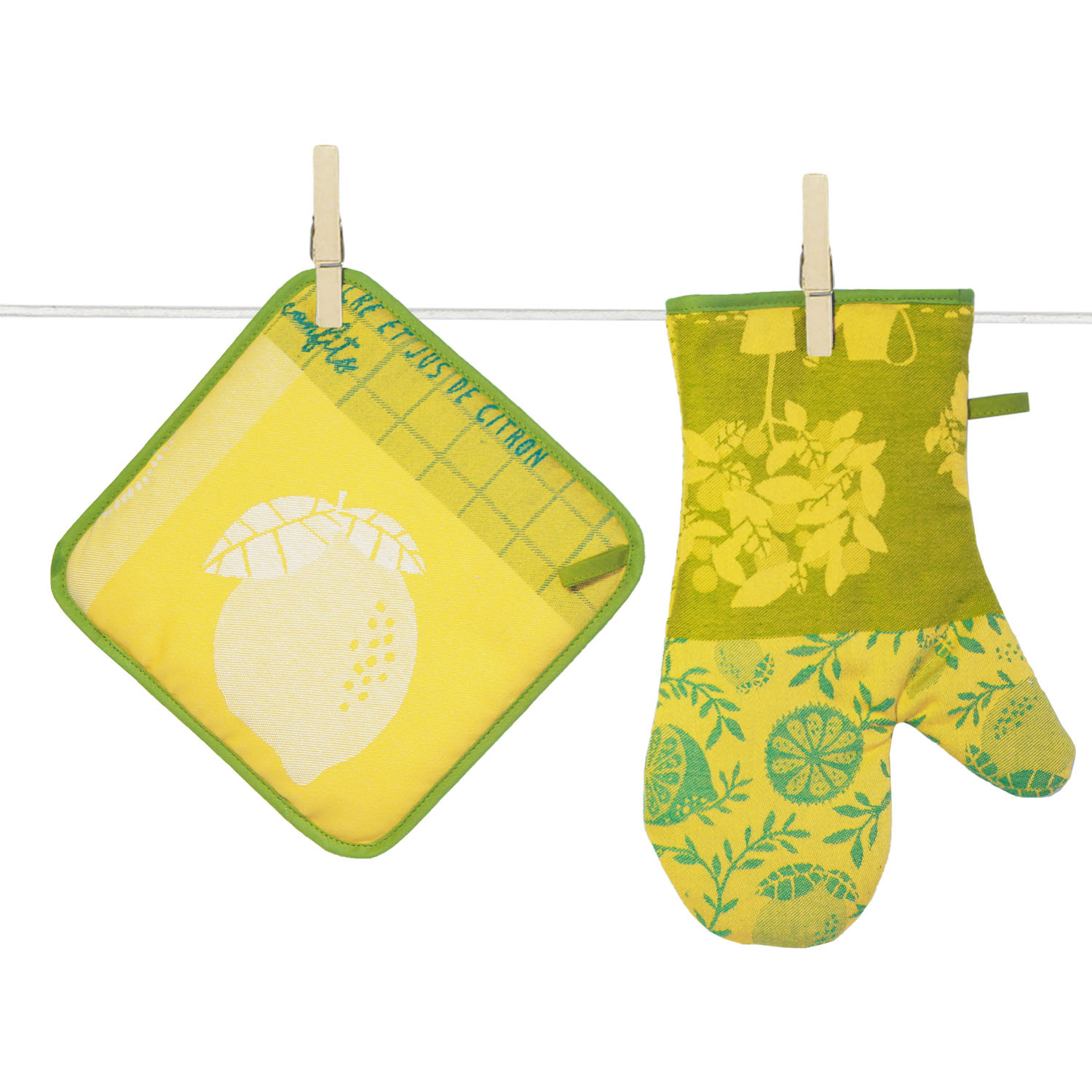 Gant de cuisine jaune avec des citrons dessus.