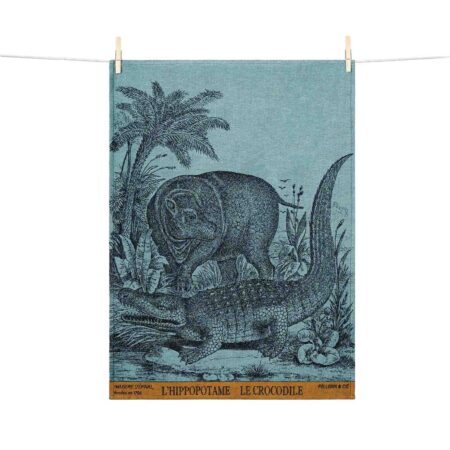 Torchon bleu dessin ancien de la Maison Images d'Epinal. Tissé en coton dans la technique du jacquard en France.