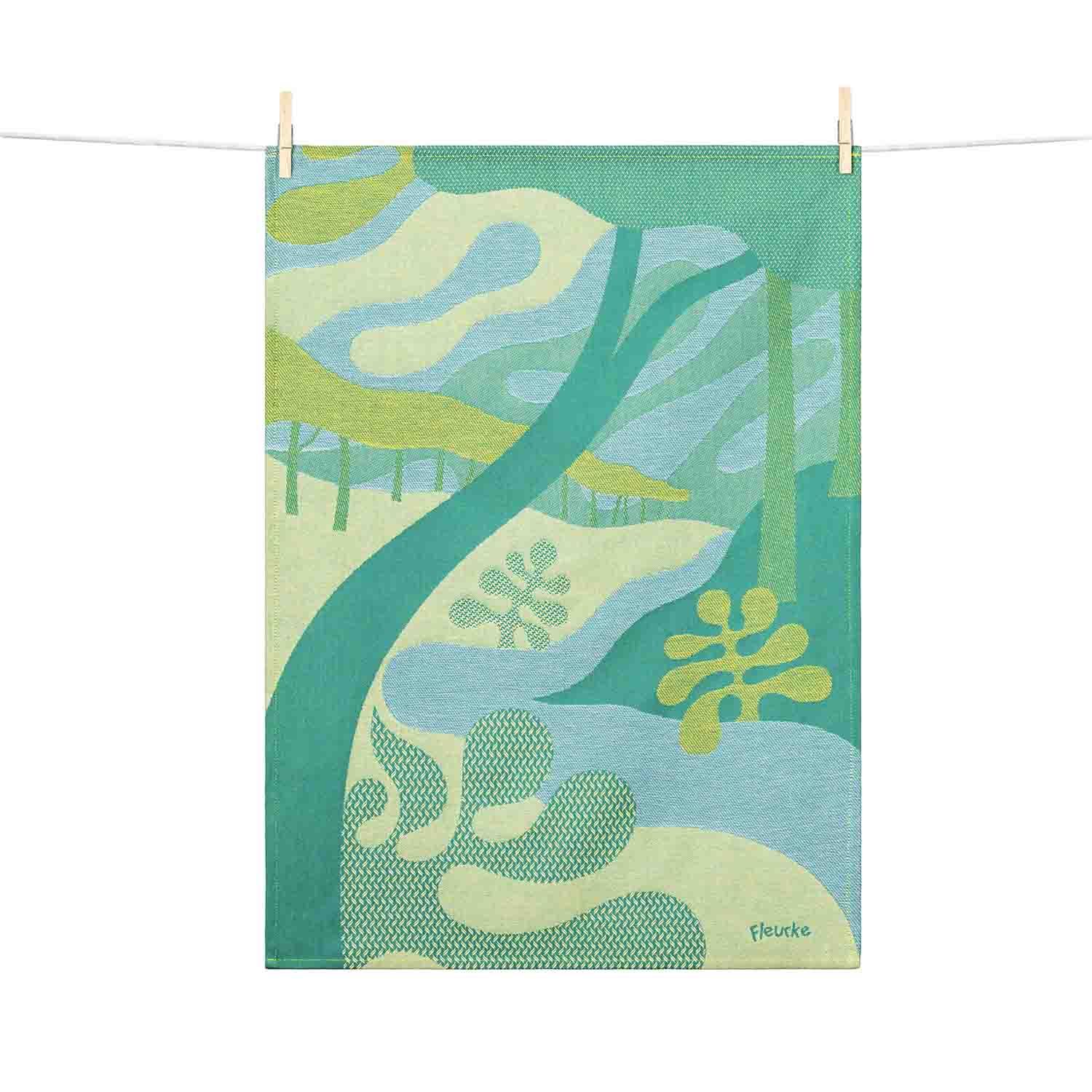 Torchon vert. Design Fleurke. Paysage des Landes dessiné à Hossegor et fabriqué à Orthez.